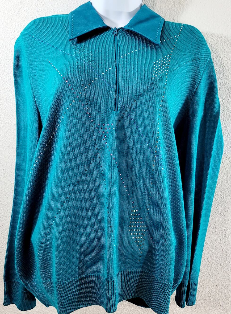 VTG Philippe Marques Teal Blue Green 1/4 Zip Rhinestone Sweater Top 16 Soft